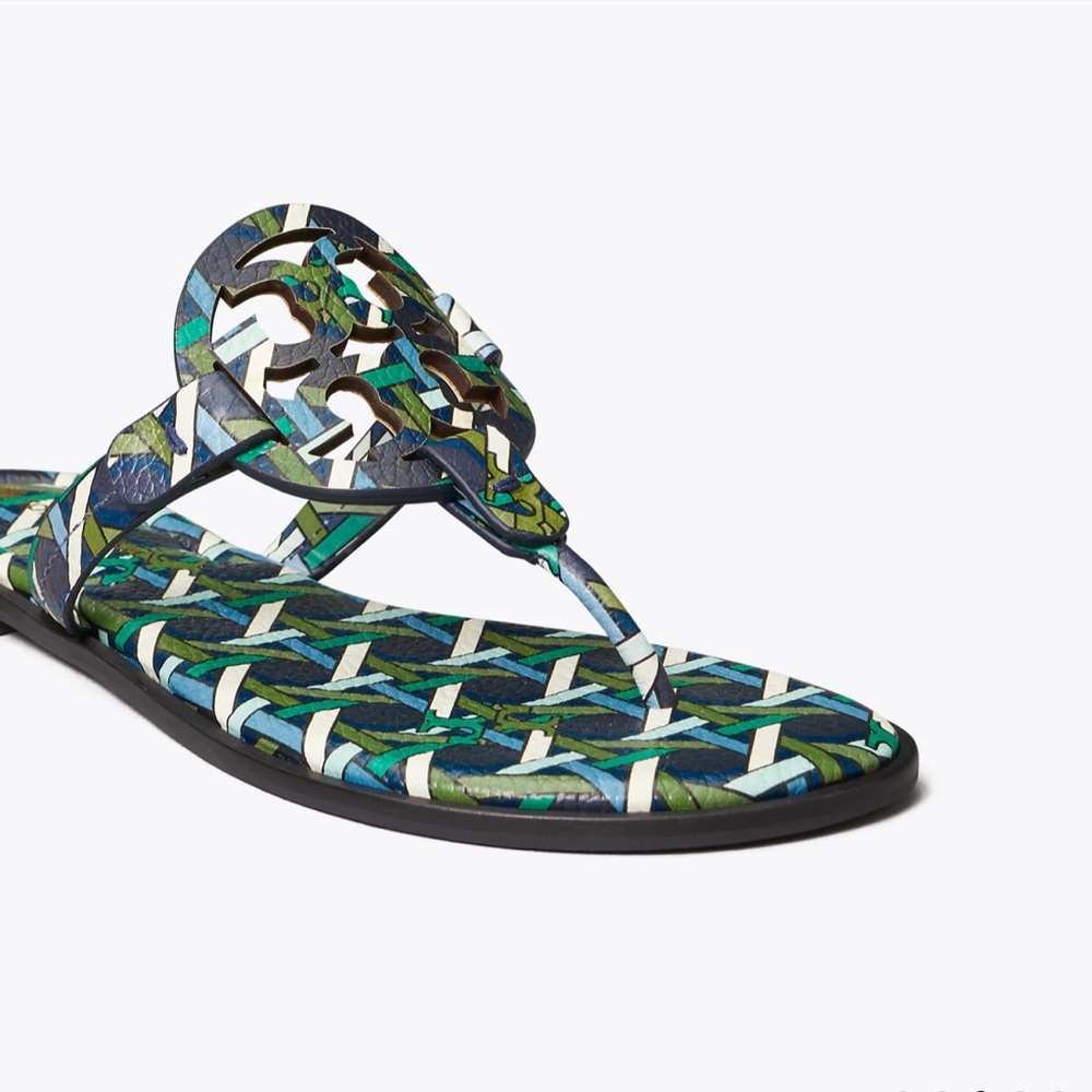 Tory Burch Miller Sandal Navy Basket-Weave Logo - Picture 3 of 10